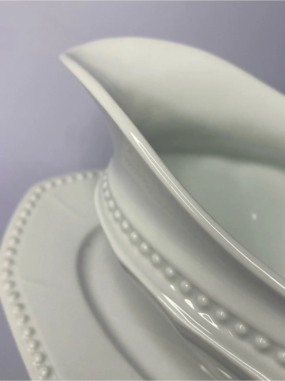 Vintage Hutschenreuther Porcelain Gravy Boat Attached Underplate White Beaded